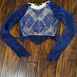 Blue Lace Long Sleeve Crop Top, XS
